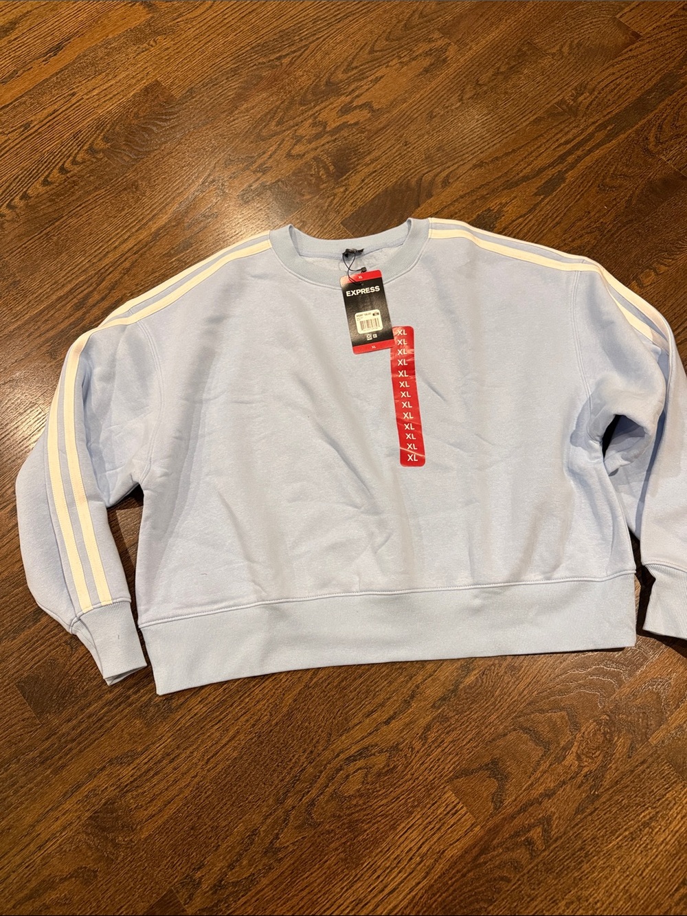 Express Light Blue Crewneck Sweater with Cream Shoulder Stripes woman’s xl